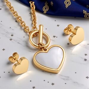 18K Gold Plated Heart Jewelry Set 💖Dainty Earrings & Necklace w/ Shell Inlay